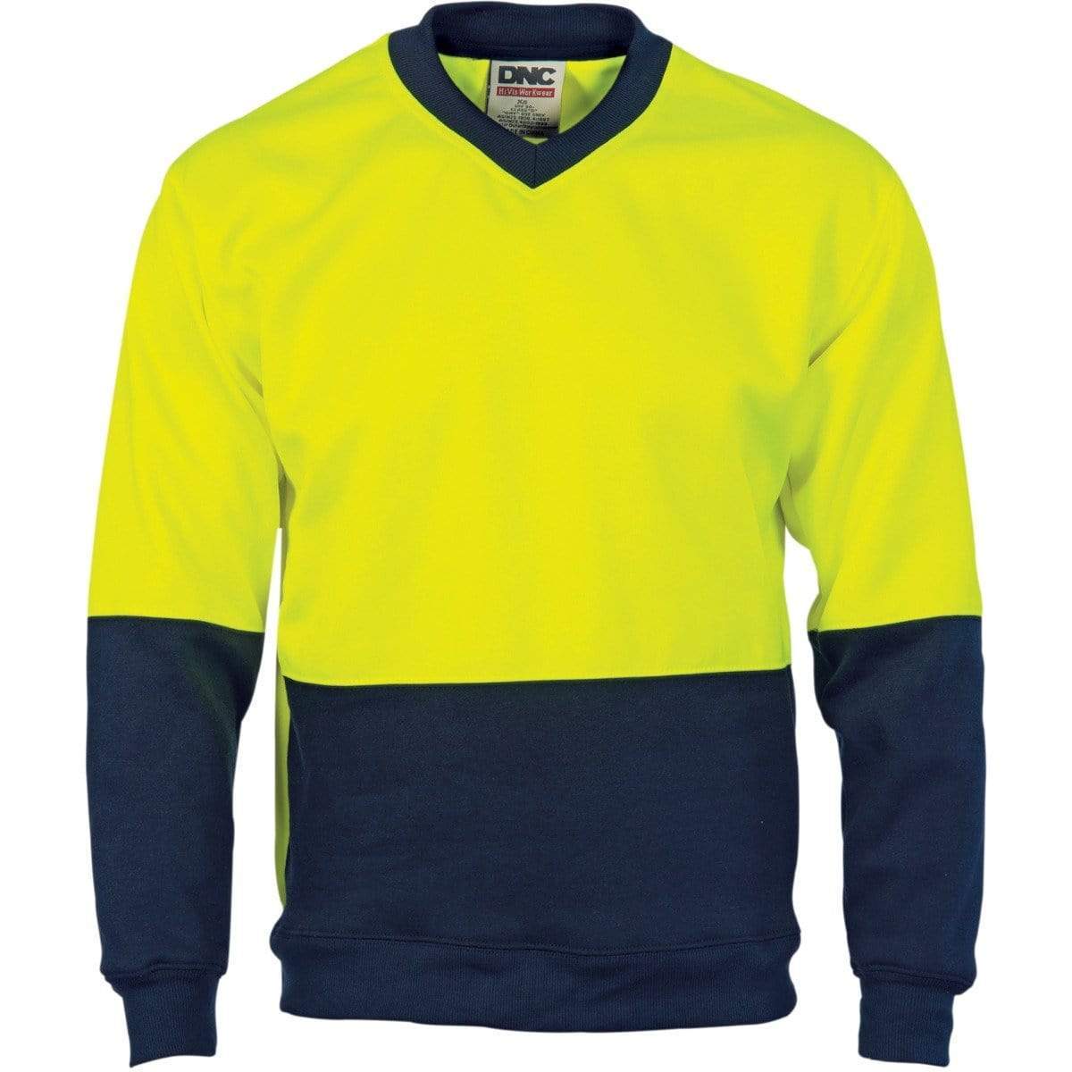 Dnc Workwear Hi-vis Two-tone Fleecy V-neck Sweatshirt (Sloppy Joe) - 3822 Work Wear DNC Workwear Yellow/Navy XS 